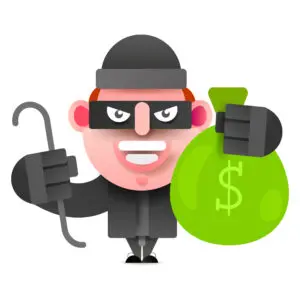 A cartoon thief holding a green money bag, representing elder fraud prevention.