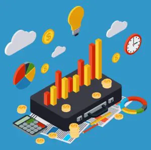 "Retirement planning tools with graphs, calculator, and suitcase symbolizing financial security and senior lifestyle."