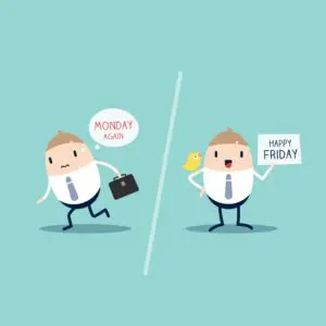 Cartoon character contrasting Monday blues with Friday happiness, symbolizing work-life balance and retirement planning.