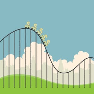 A roller coaster with dollar signs, symbolizing financial ups and downs in retirement planning.