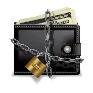 A wallet with chained lock symbolizes financial security and elder fraud prevention in retirement planning.