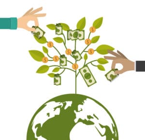 "Tree growing from a globe with money leaves, symbolizing ESG investing and financial growth for retirement planning."