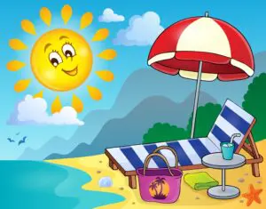 A sunny beach with a lounge chair, umbrella, and a drink, symbolizing retirement travel and senior lifestyle relaxation.