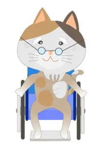 Cartoon cat in a wheelchair with glasses, representing senior lifestyle and aging population.