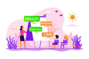 "Illustration of a teacher and children with hello in different languages on a board, promoting multicultural education."