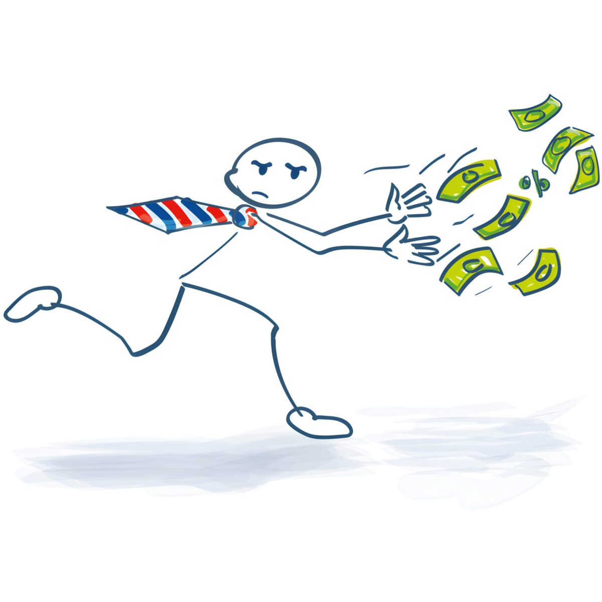 "Stick figure chasing money, illustrating the challenges of financial security and retirement planning for seniors."