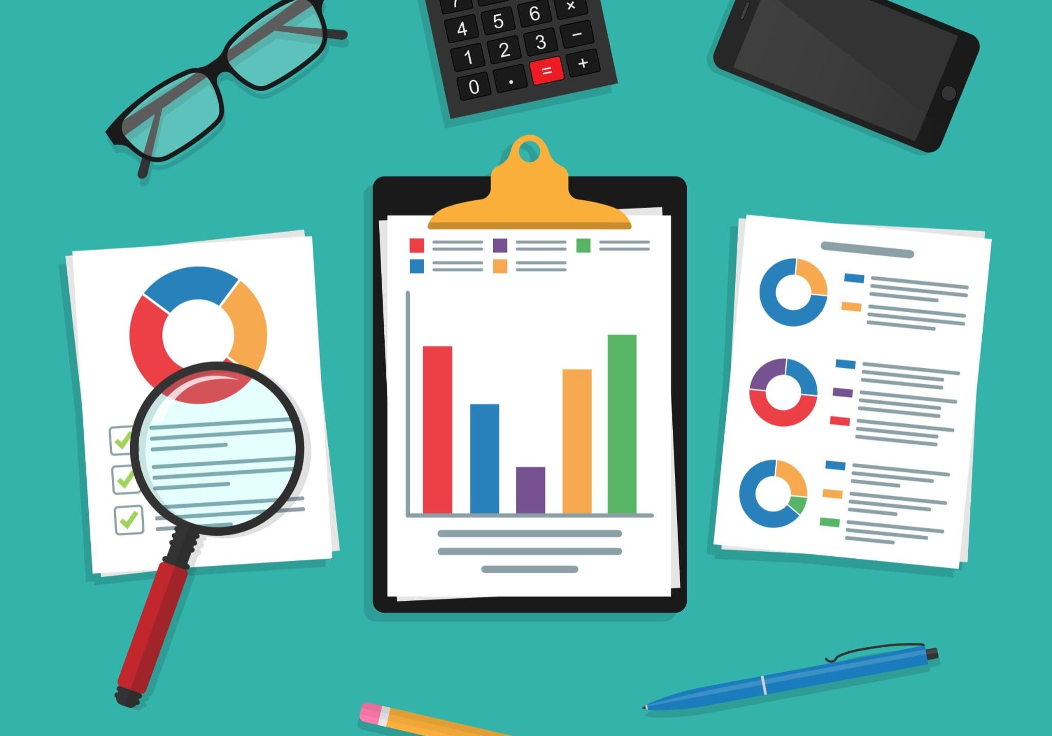 Office desk with charts, calculator, glasses, magnifying glass, and smartphone for retirement planning and financial security.