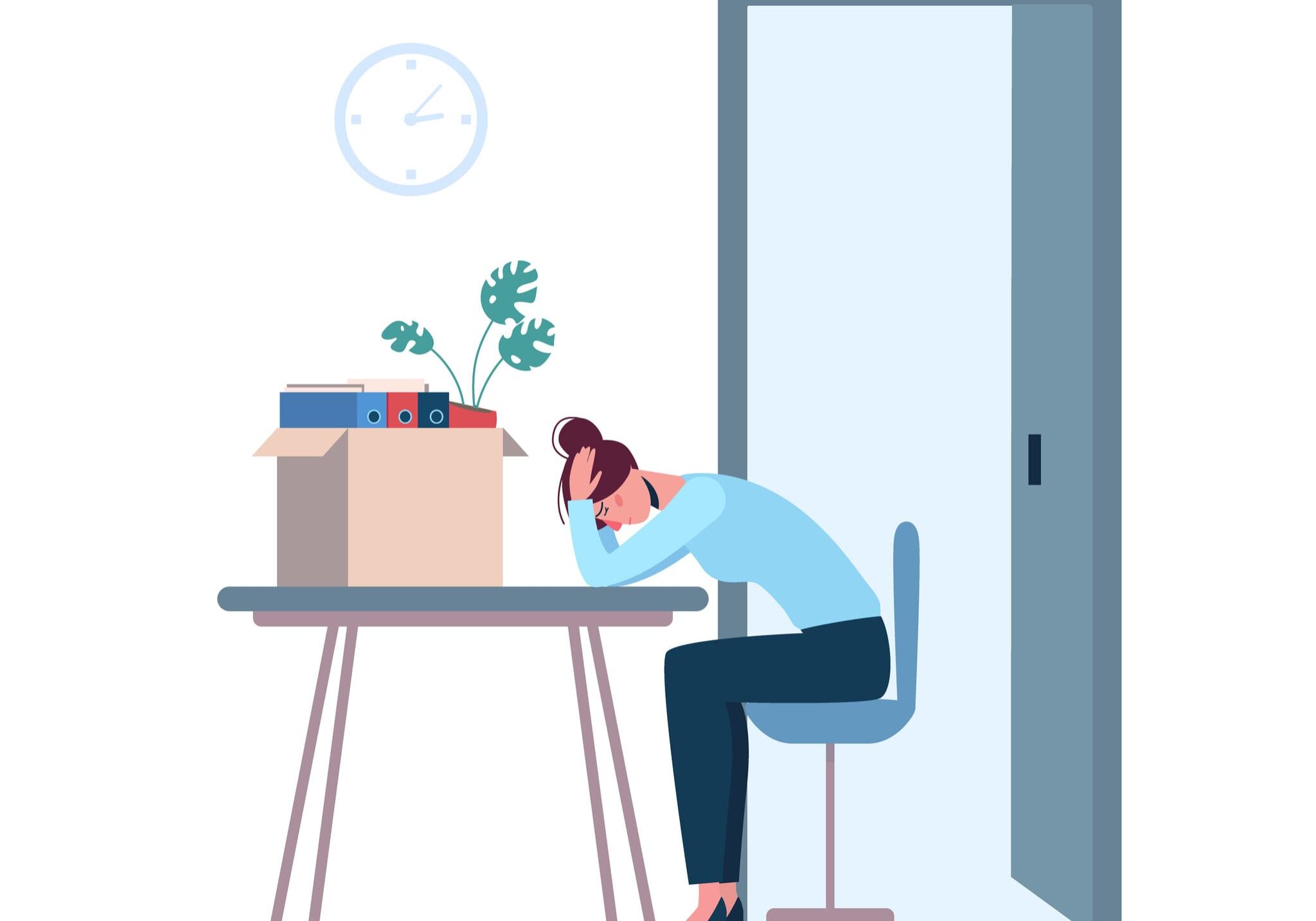Dismissed woman crying in the office, depression. Job loss due to crisis, contraction, coronavirus, economic decline. Fired employee. Near the box with things. Vector flat, unemployment isolated Dismissed woman crying in the office, depression. Job loss due to crisis, contraction, coronavirus, economic decline. Fired employee. Near the box with things. Vector flat, unemployment isolated.