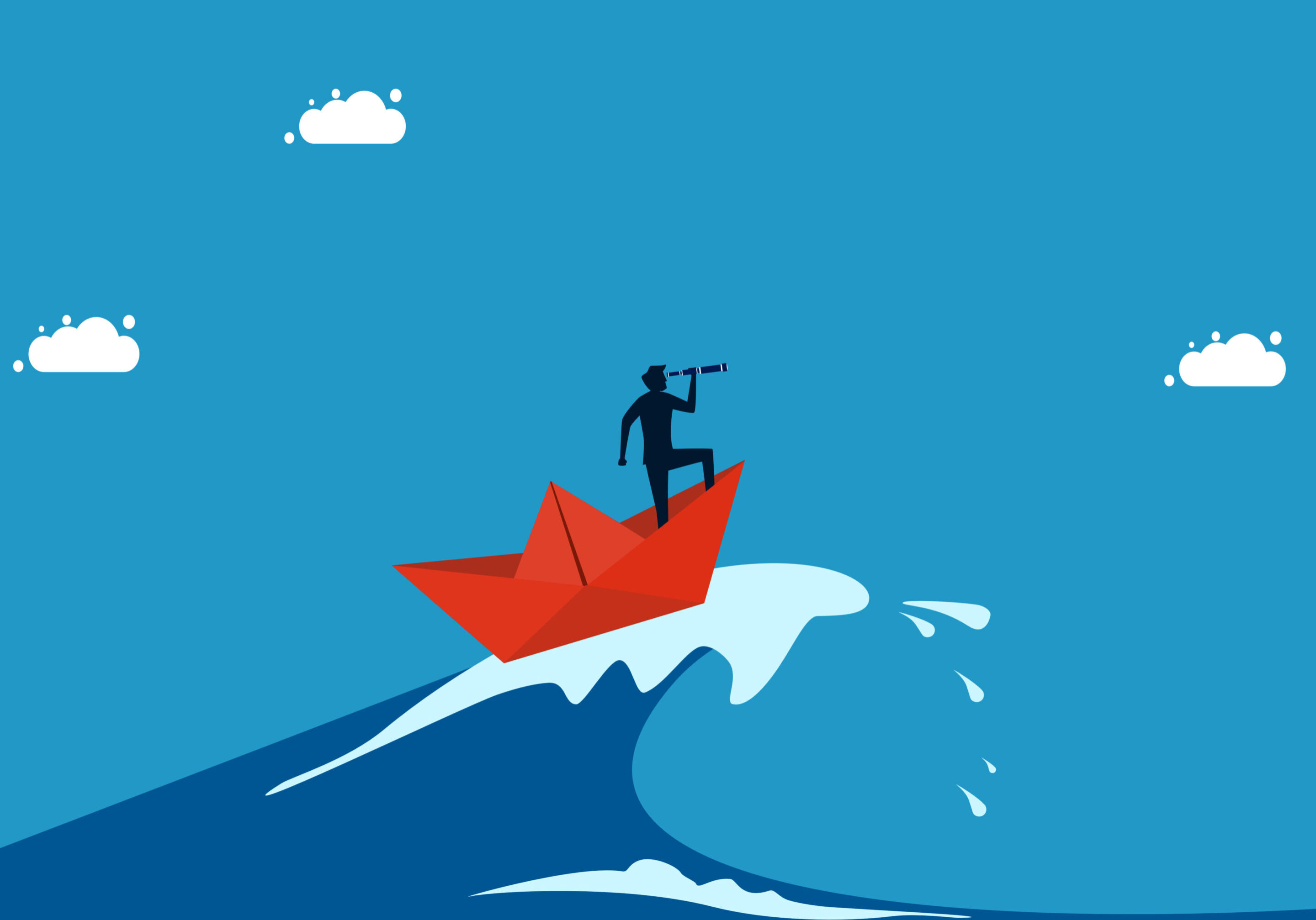 Overcome crises with patience and vision. man surfing sea waves with paper boat vector