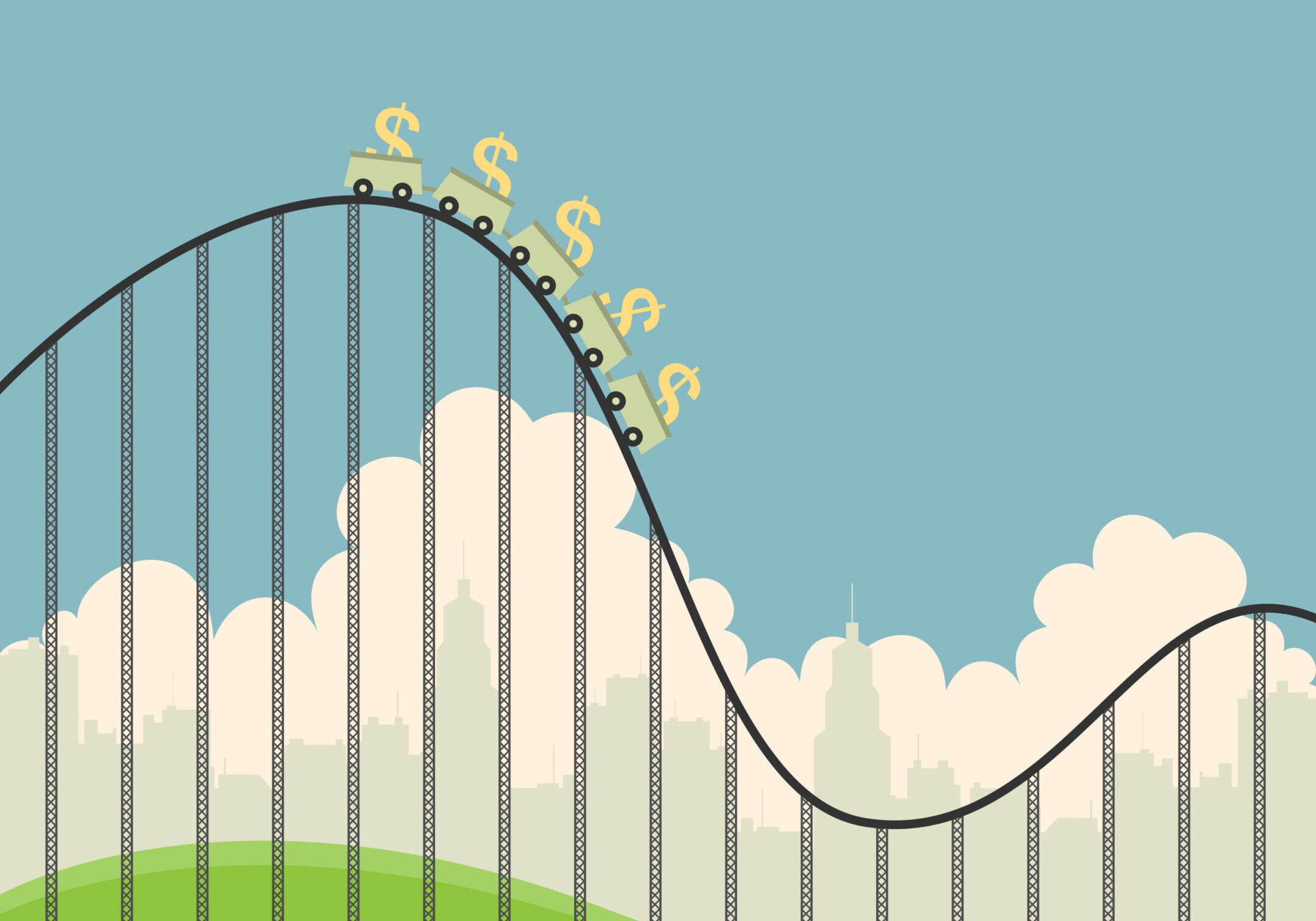 A roller coaster with dollar signs, symbolizing financial ups and downs in retirement planning.