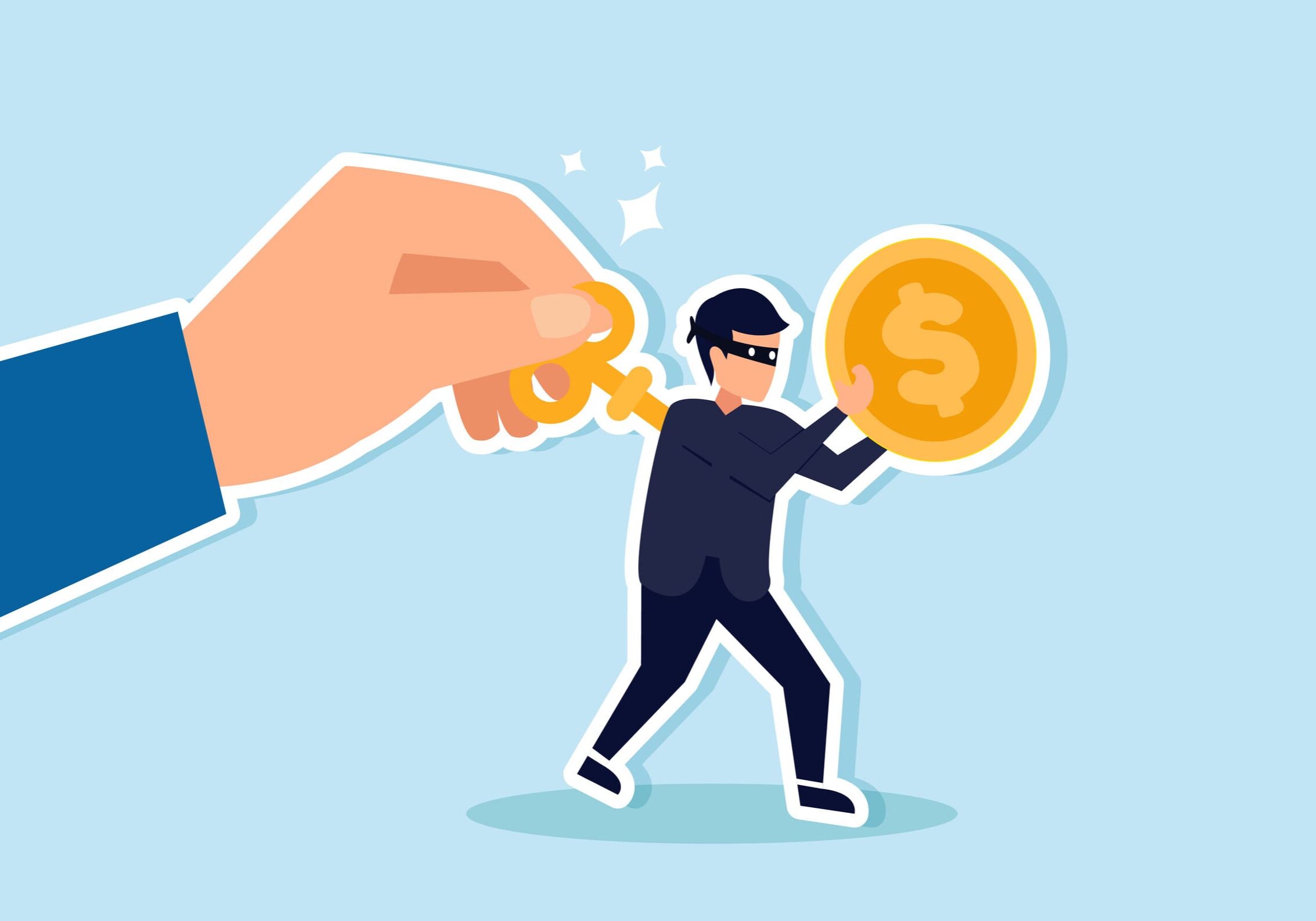 Hand winding wind-up thief holding a coin