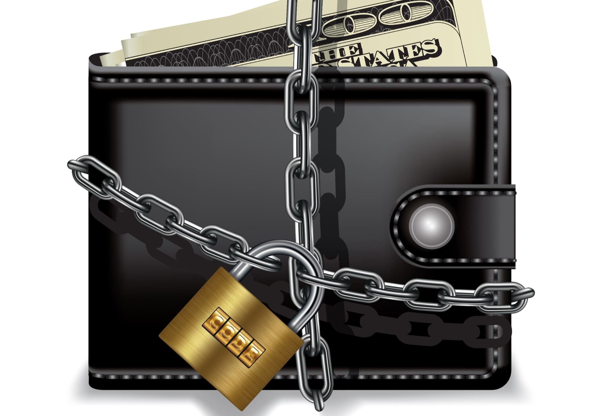 A wallet with chained lock symbolizes financial security and elder fraud prevention in retirement planning.