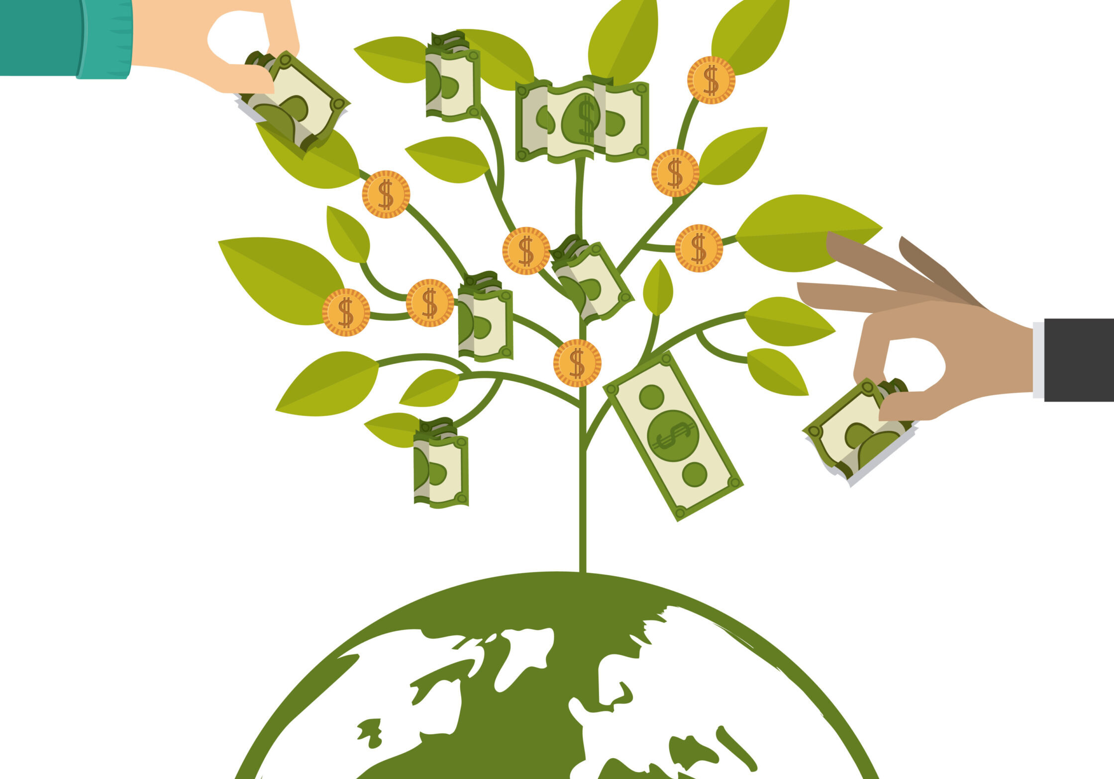 "Tree growing from a globe with money leaves, symbolizing ESG investing and financial growth for retirement planning."