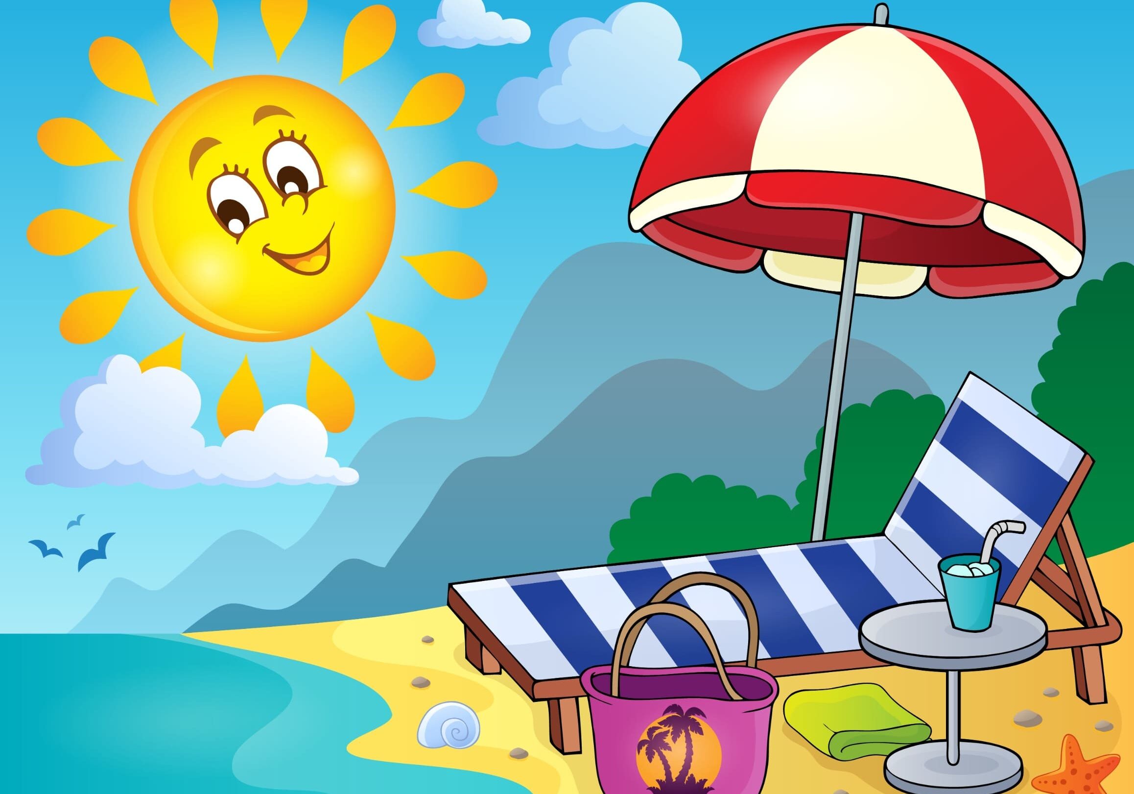 A sunny beach with a lounge chair, umbrella, and a drink, symbolizing retirement travel and senior lifestyle relaxation.