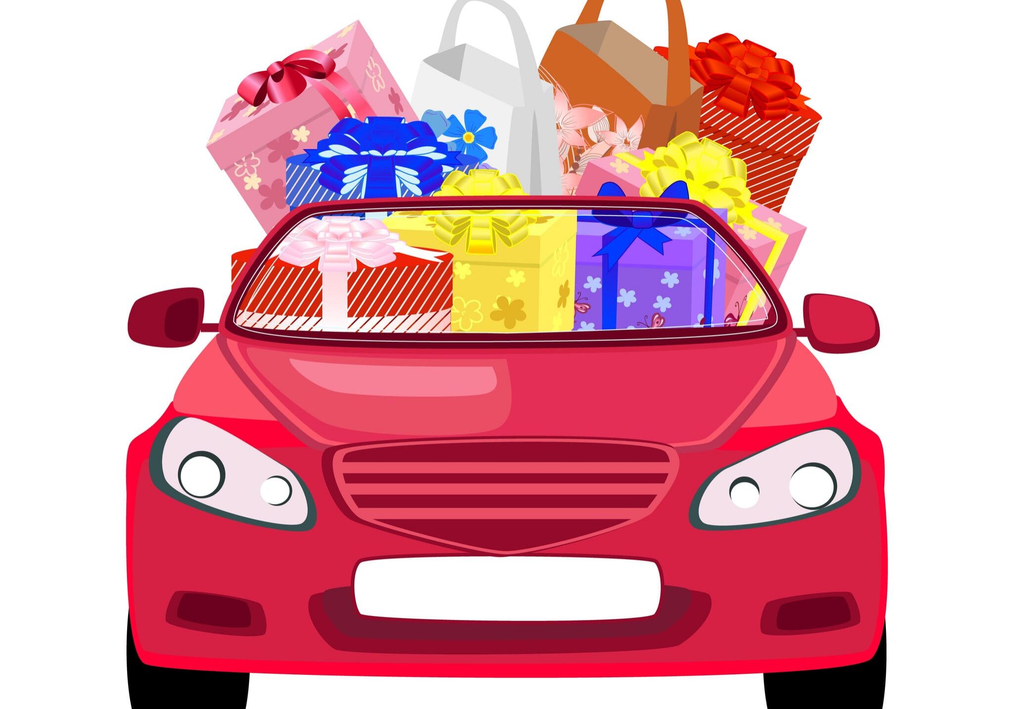 Red car loaded with colorful gift boxes