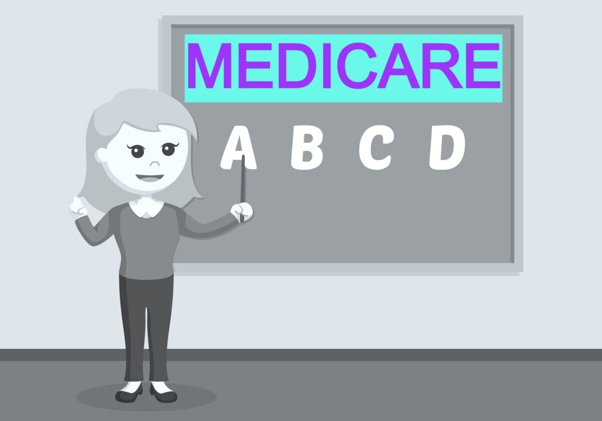 Medicare sign-up illustration with woman pointing at letters A, B, C, D on a board.