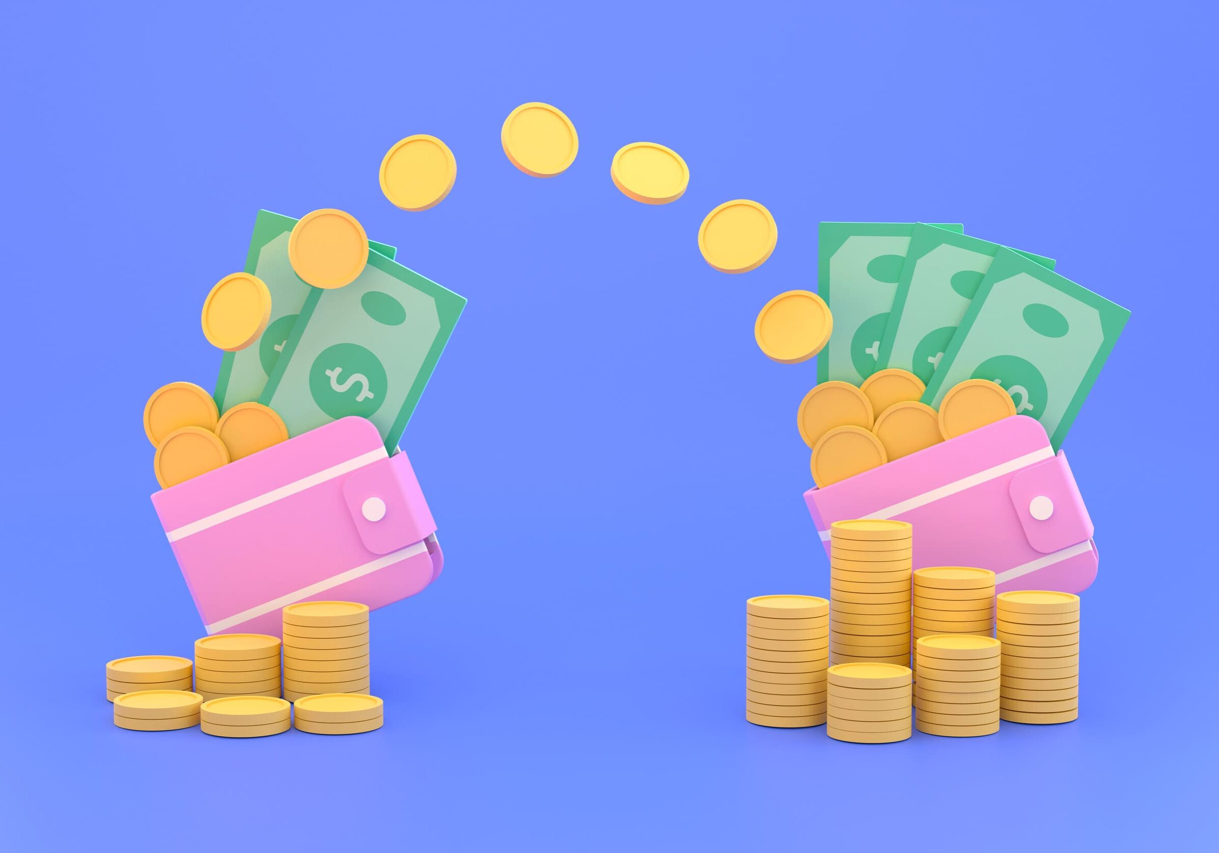 Two wallets with money and coin stacks