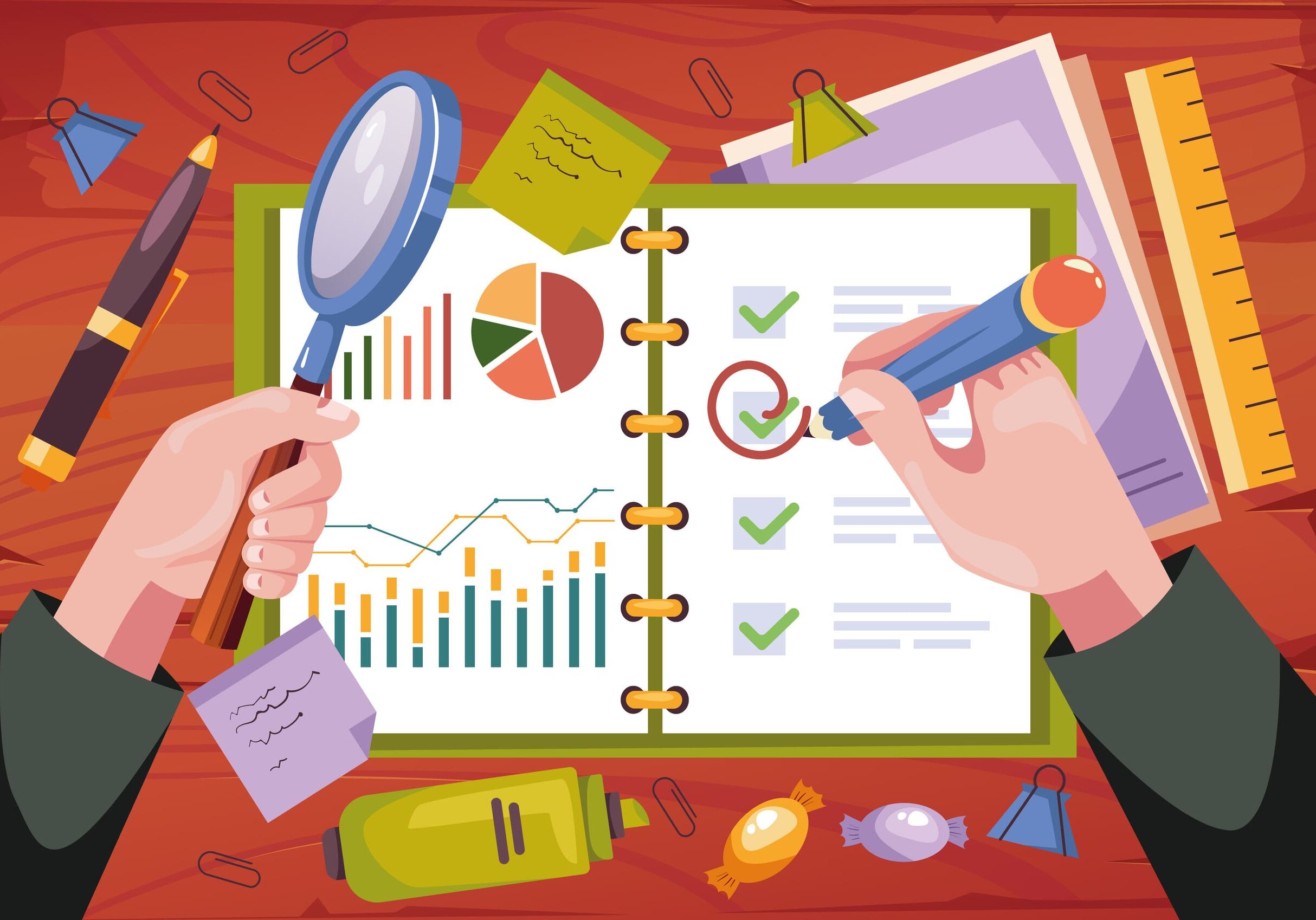 Hands marking checklist and analyzing charts