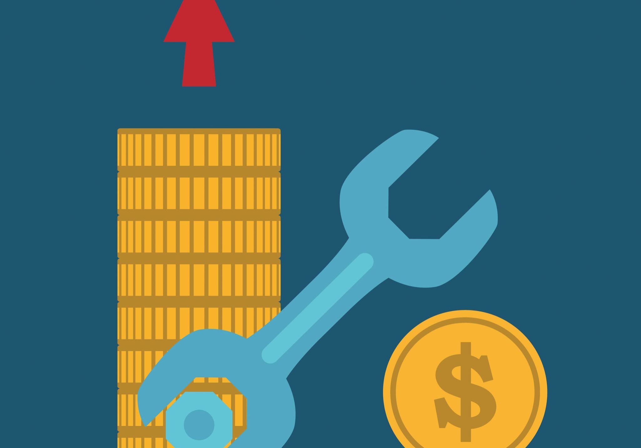 Wrench and coins with upward red arrow