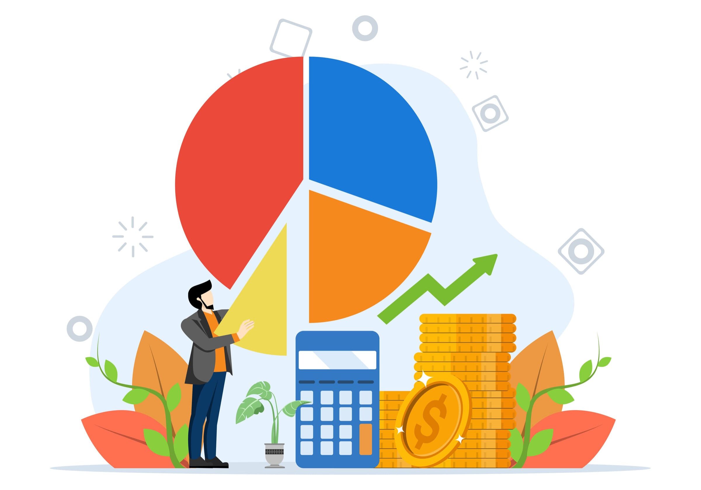 Businessman holding pie chart with coins