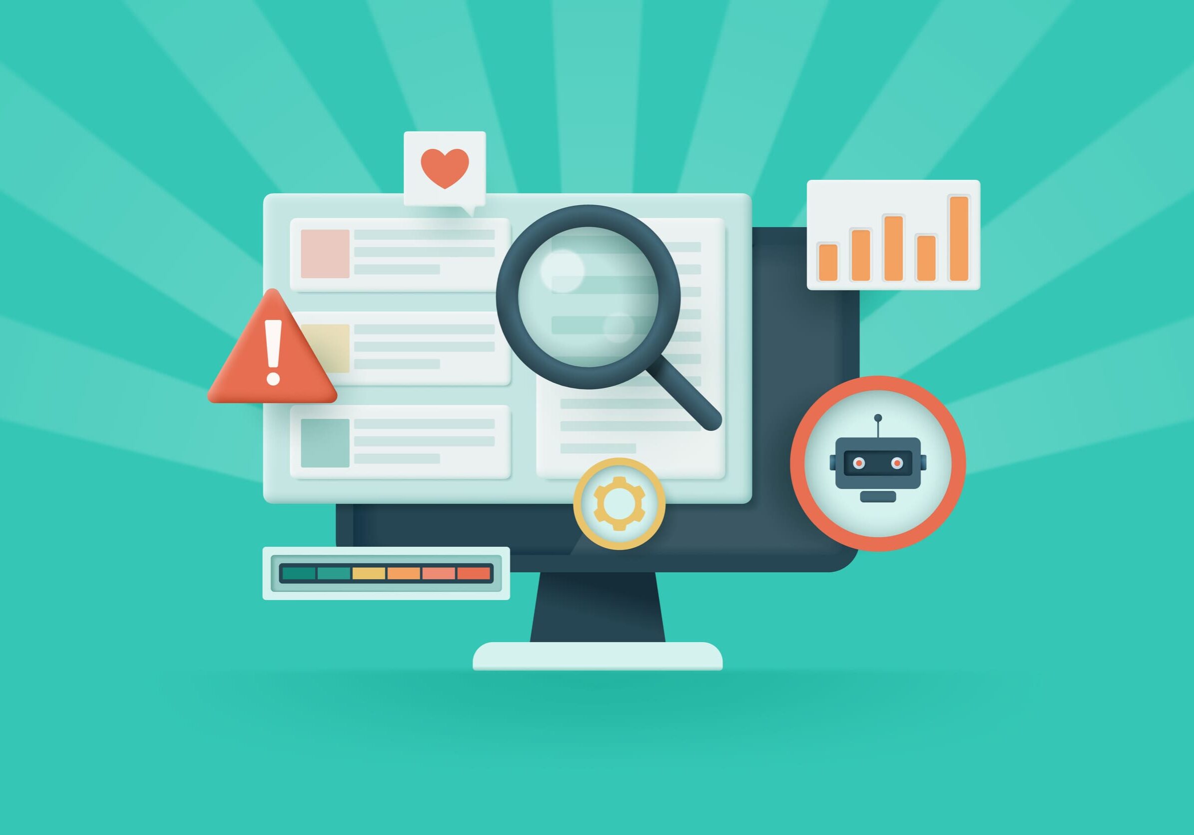 Computer monitor with magnifying glass and icons