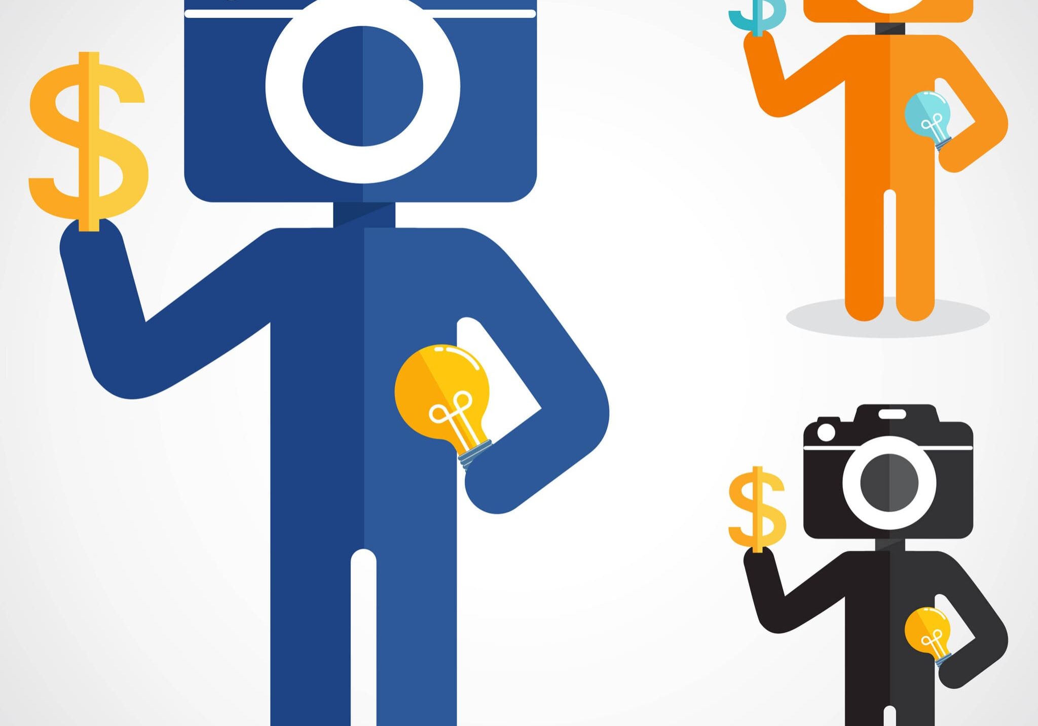 Camera-headed figures holding dollar signs and lightbulbs