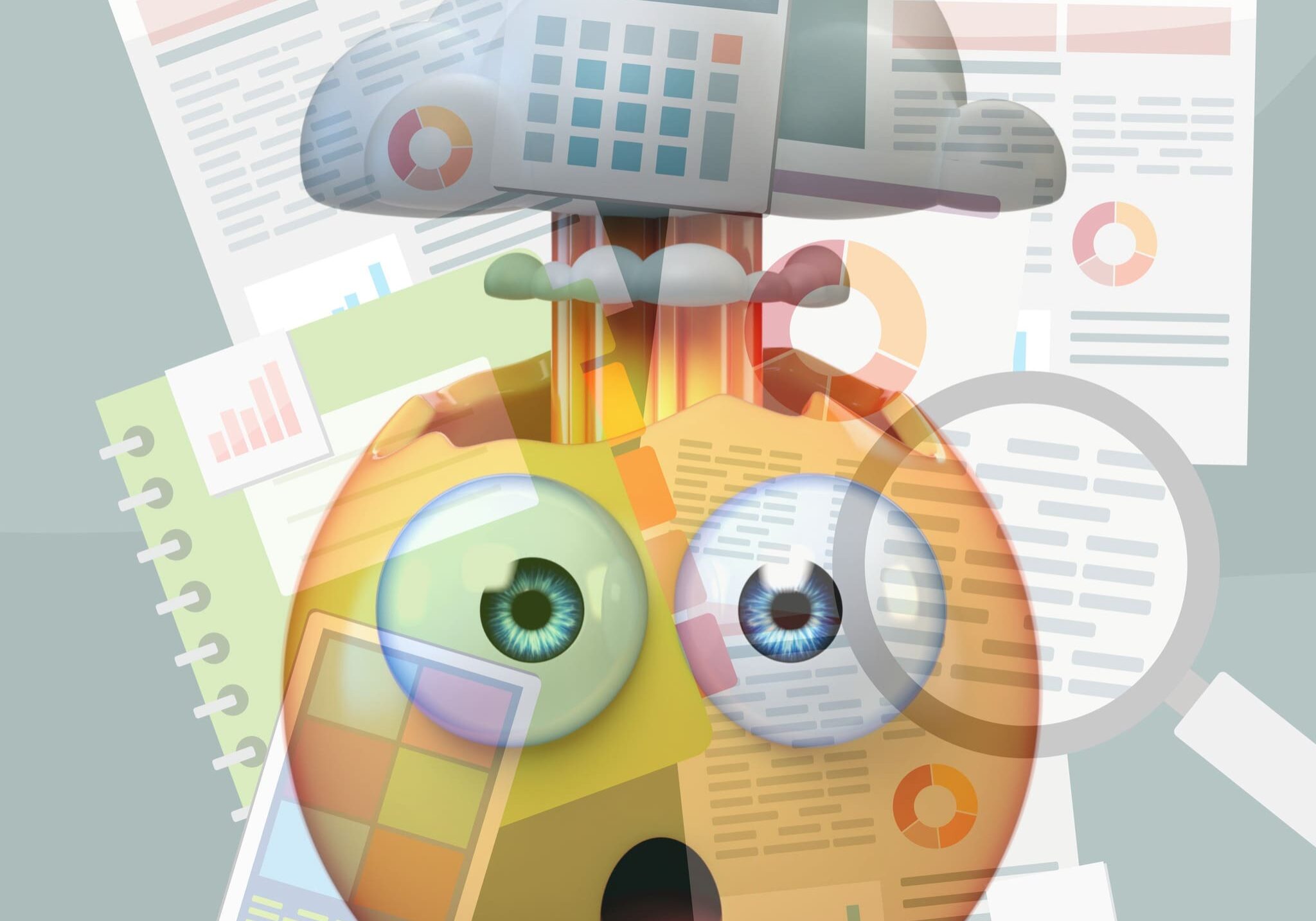 Surprised emoji overlaid with charts and calculator