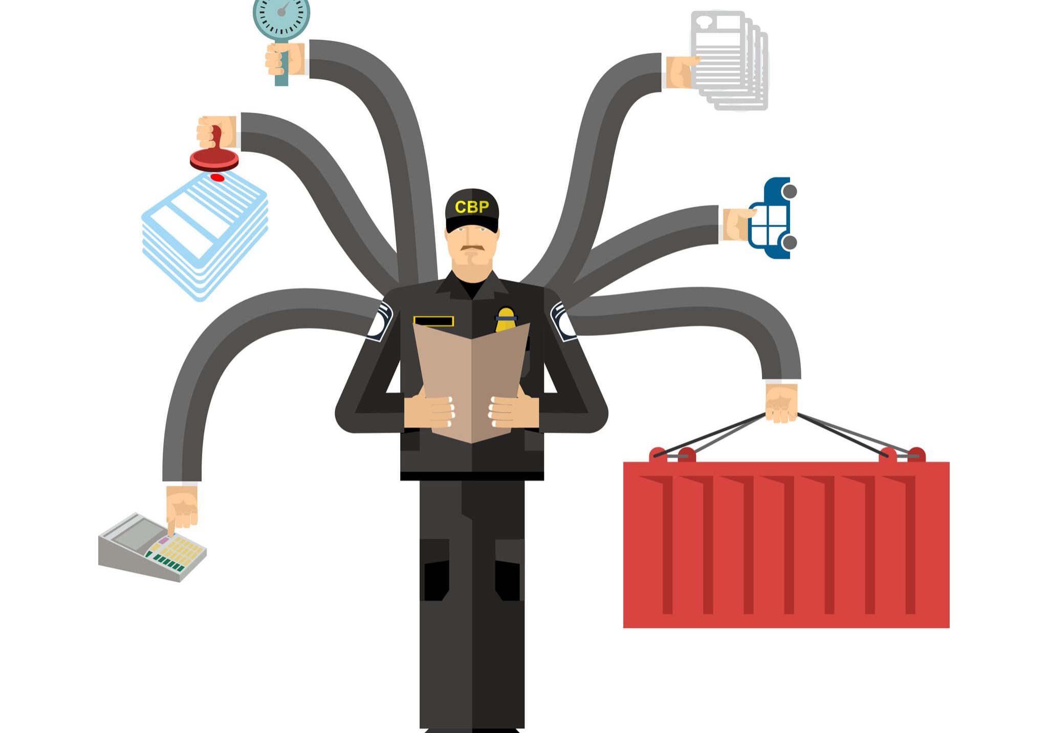 SBP officer at work. US Customs and Border Protection work. Offi SBP officer at work. US Customs and Border Protection work. Officer job. Checking of cargo. Delivery and weighing. Declaration and agreement. Passport control