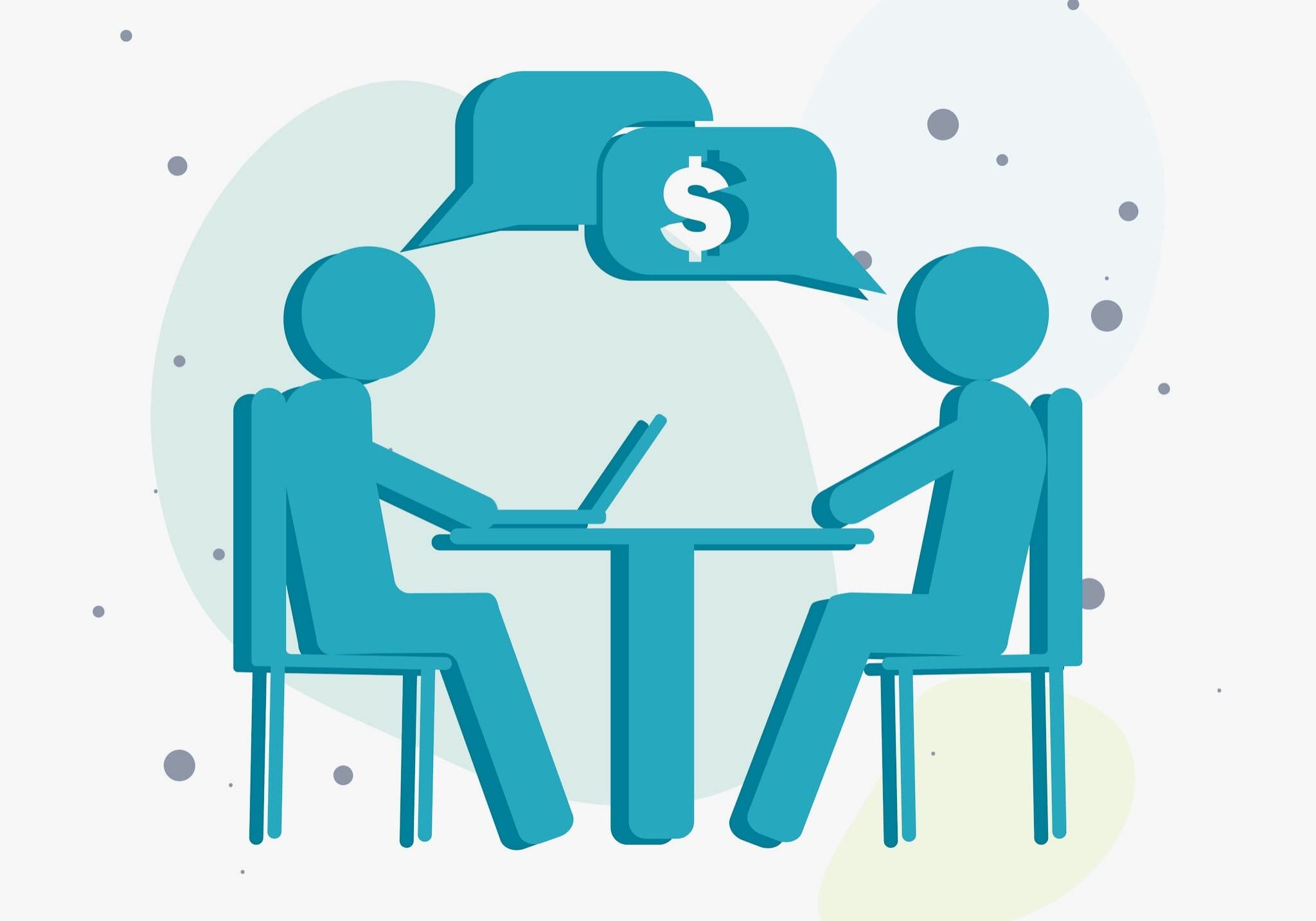 Two people discussing money over laptops