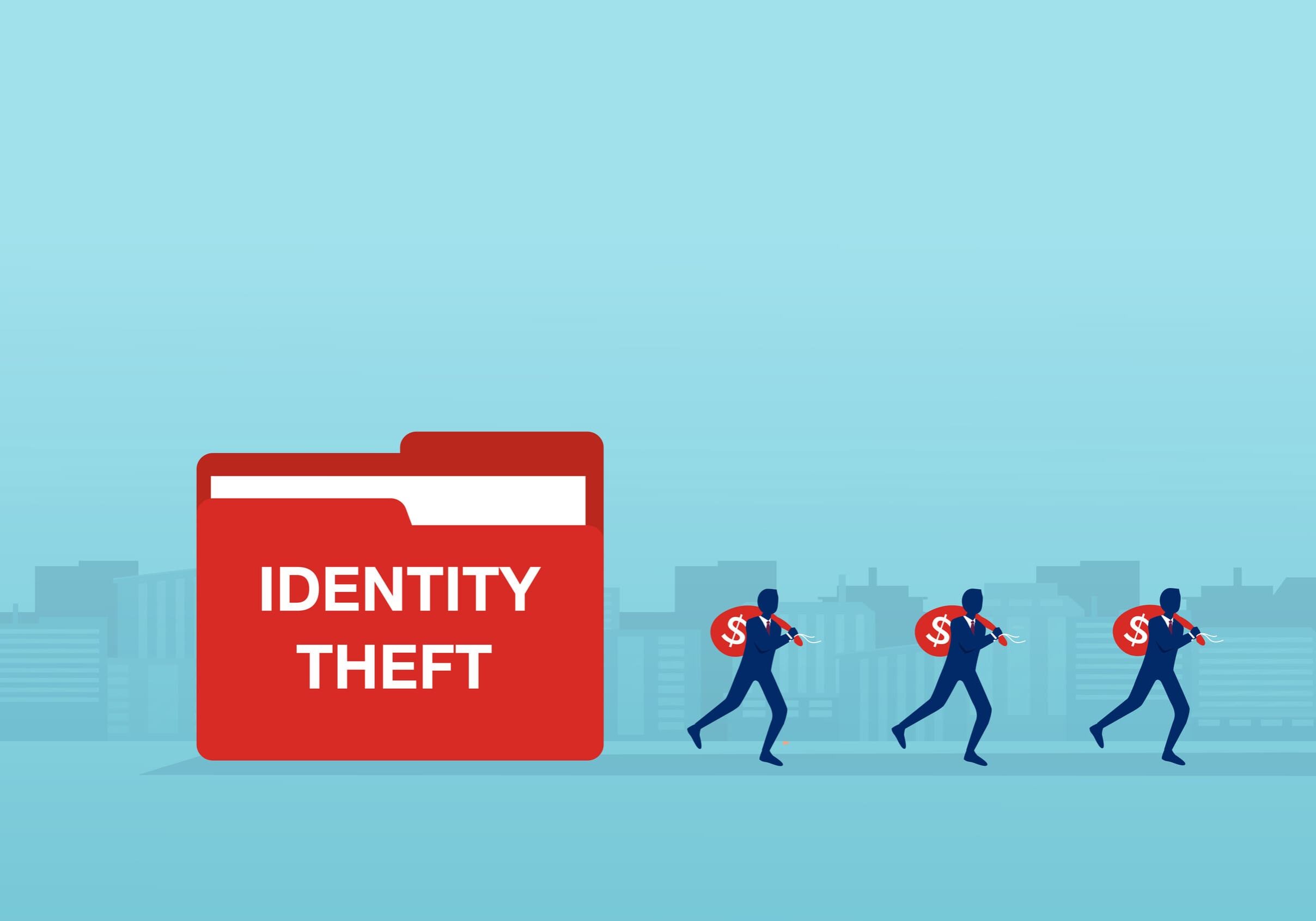 Red identity theft folder with thieves stealing money