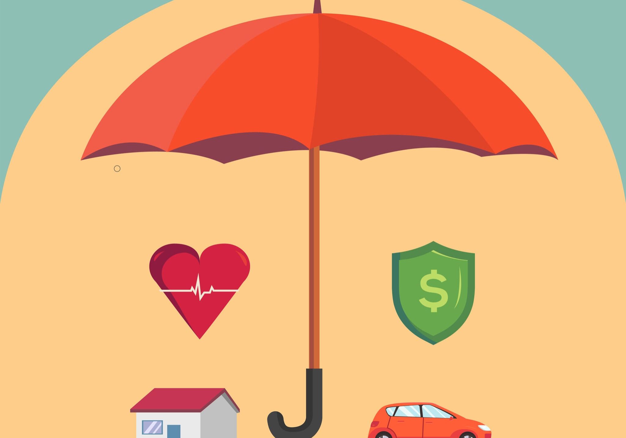 Red umbrella protecting health, money, home, car