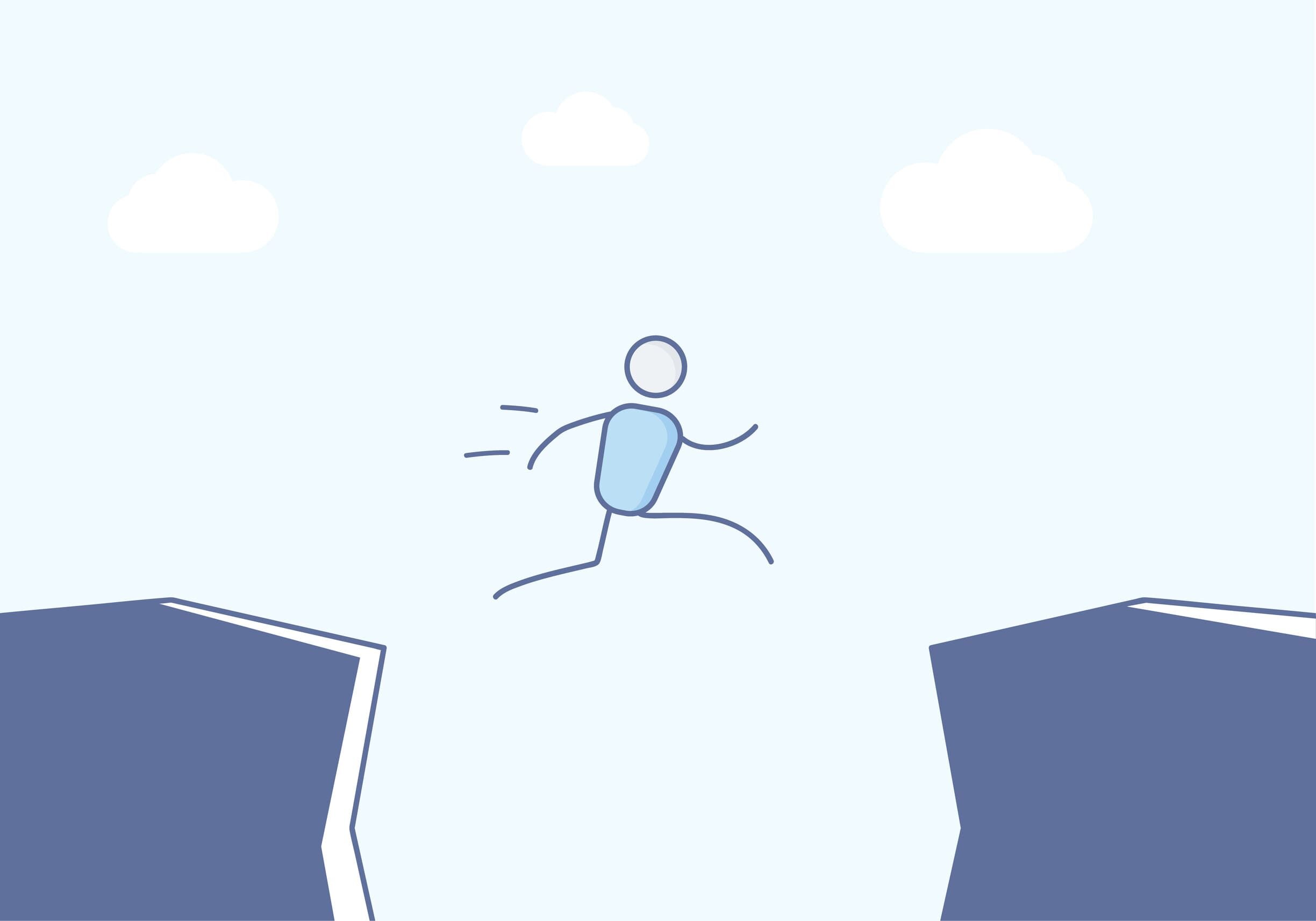 Stick figure jumping across cliff gap