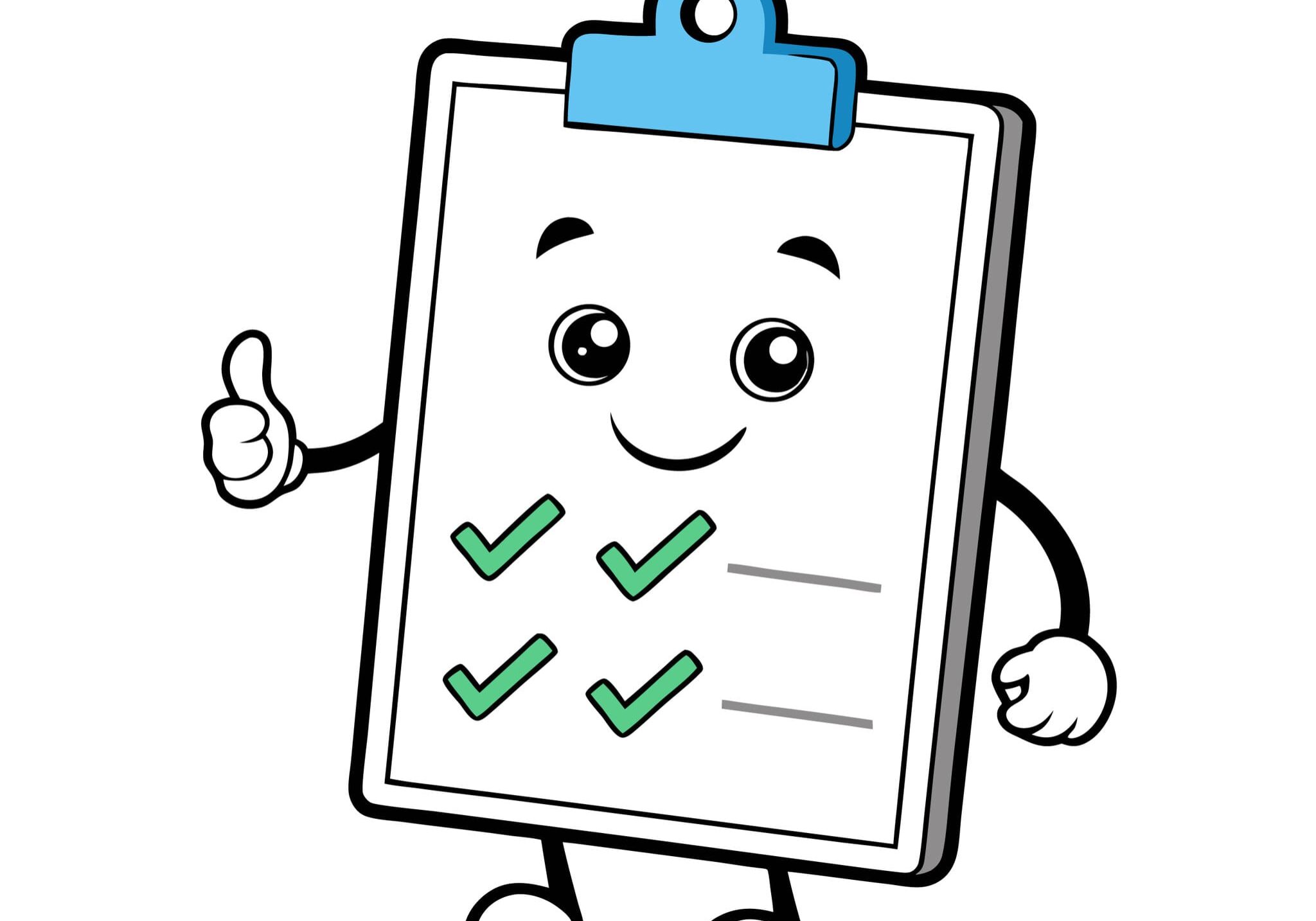 Smiling clipboard character with green checkmarks