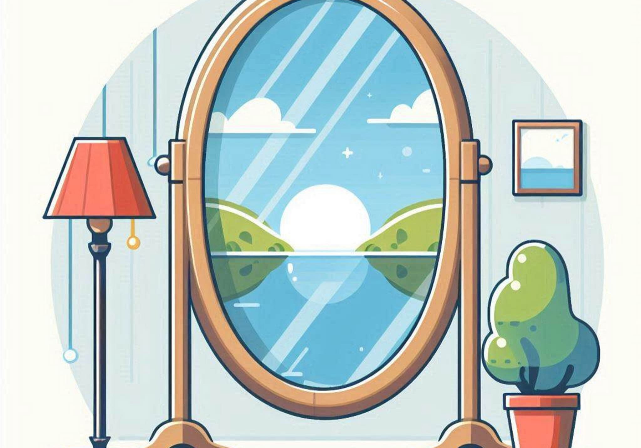 Oval standing mirror reflecting sunny landscape