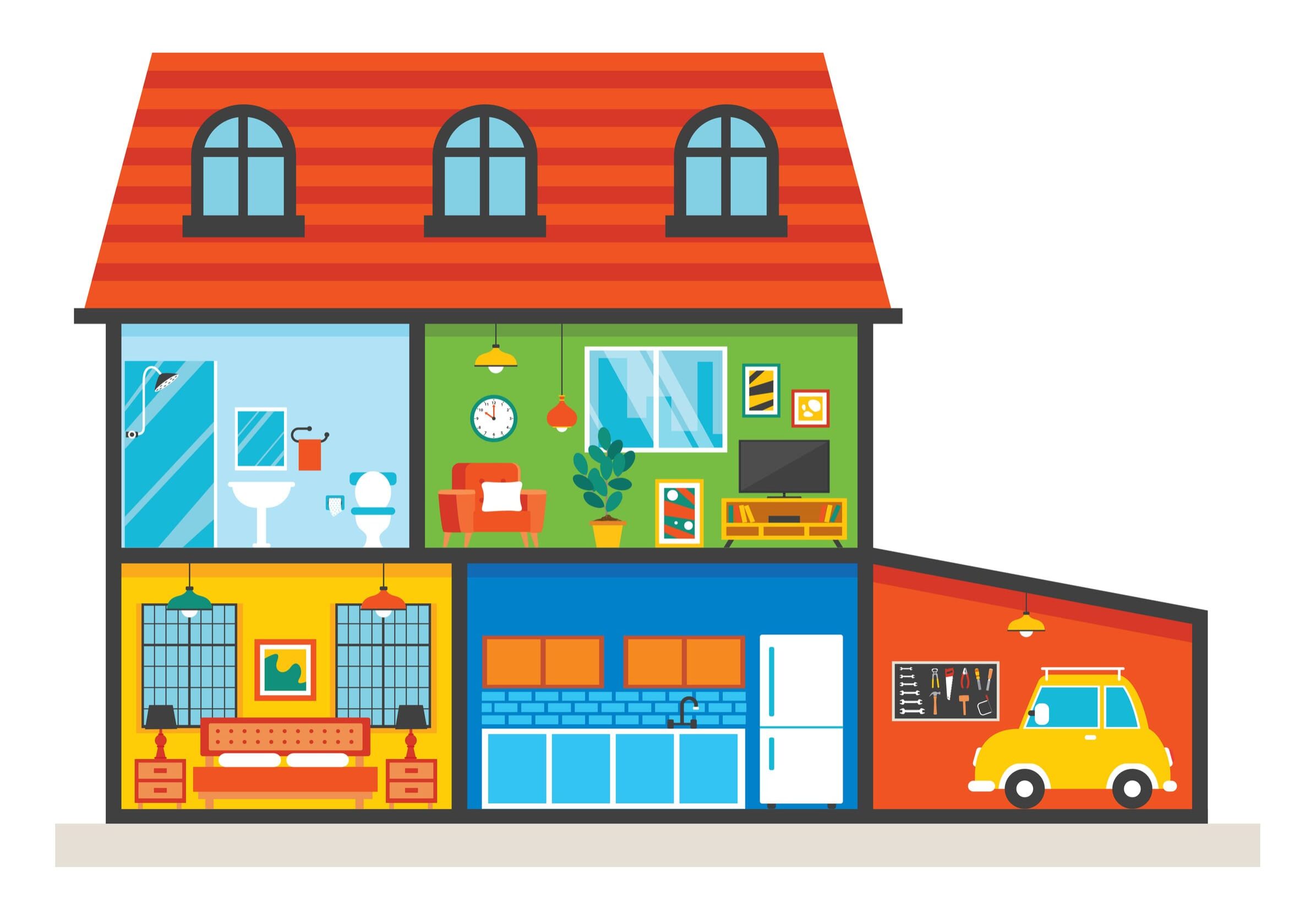 Colorful cross-section of a house interior