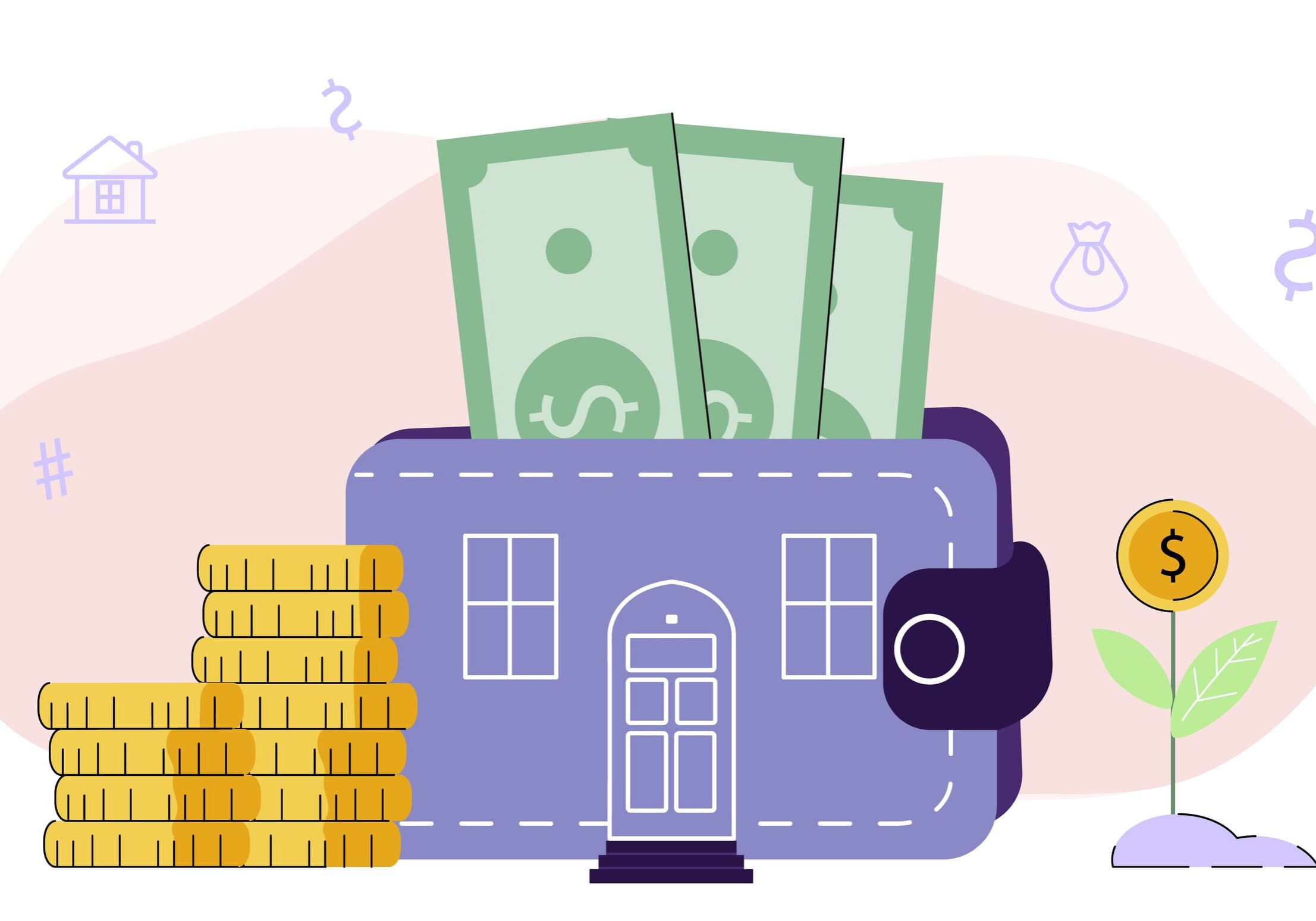 House-shaped wallet with cash and stacked coins
