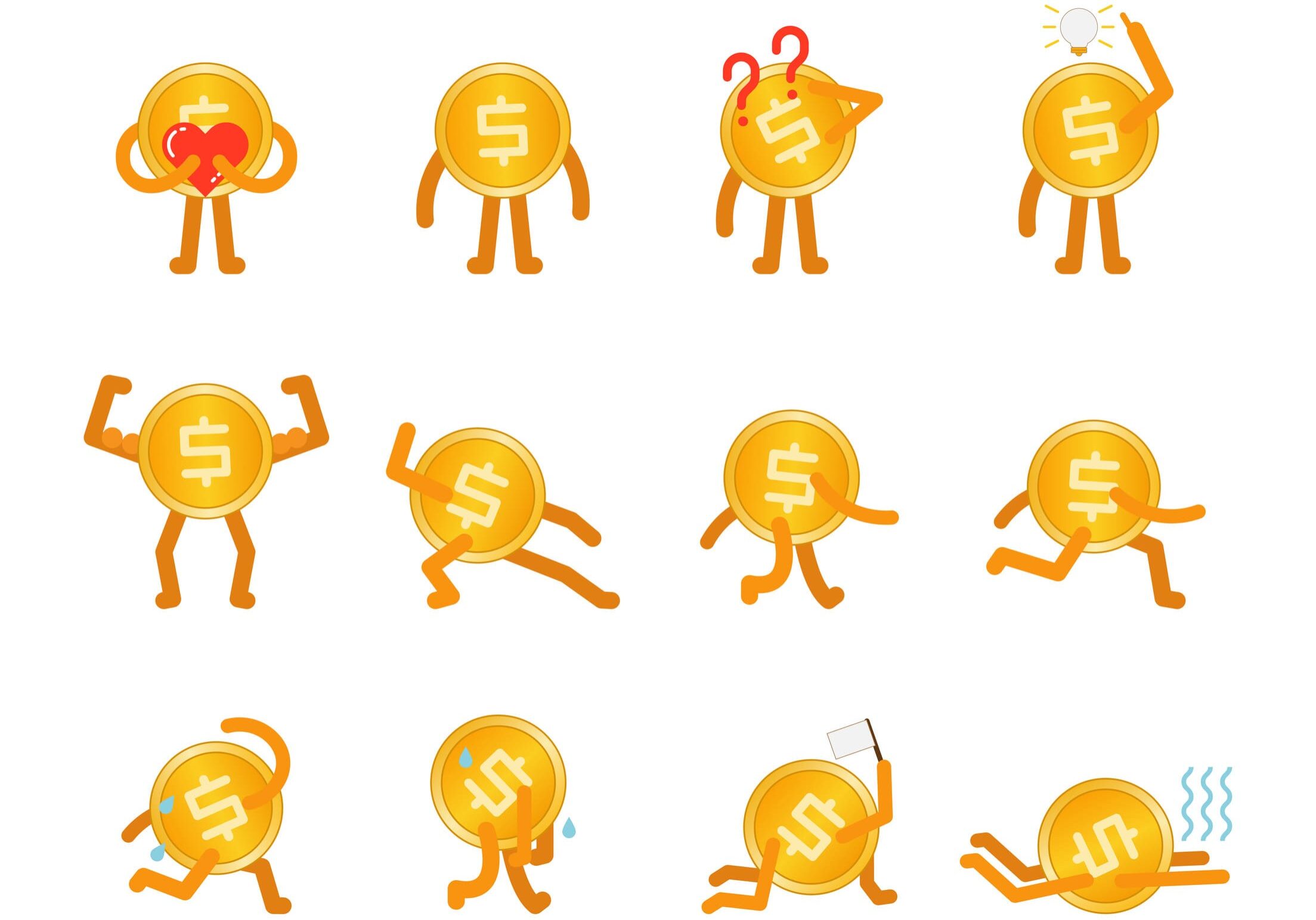 Cartoon gold coin characters showing various emotions