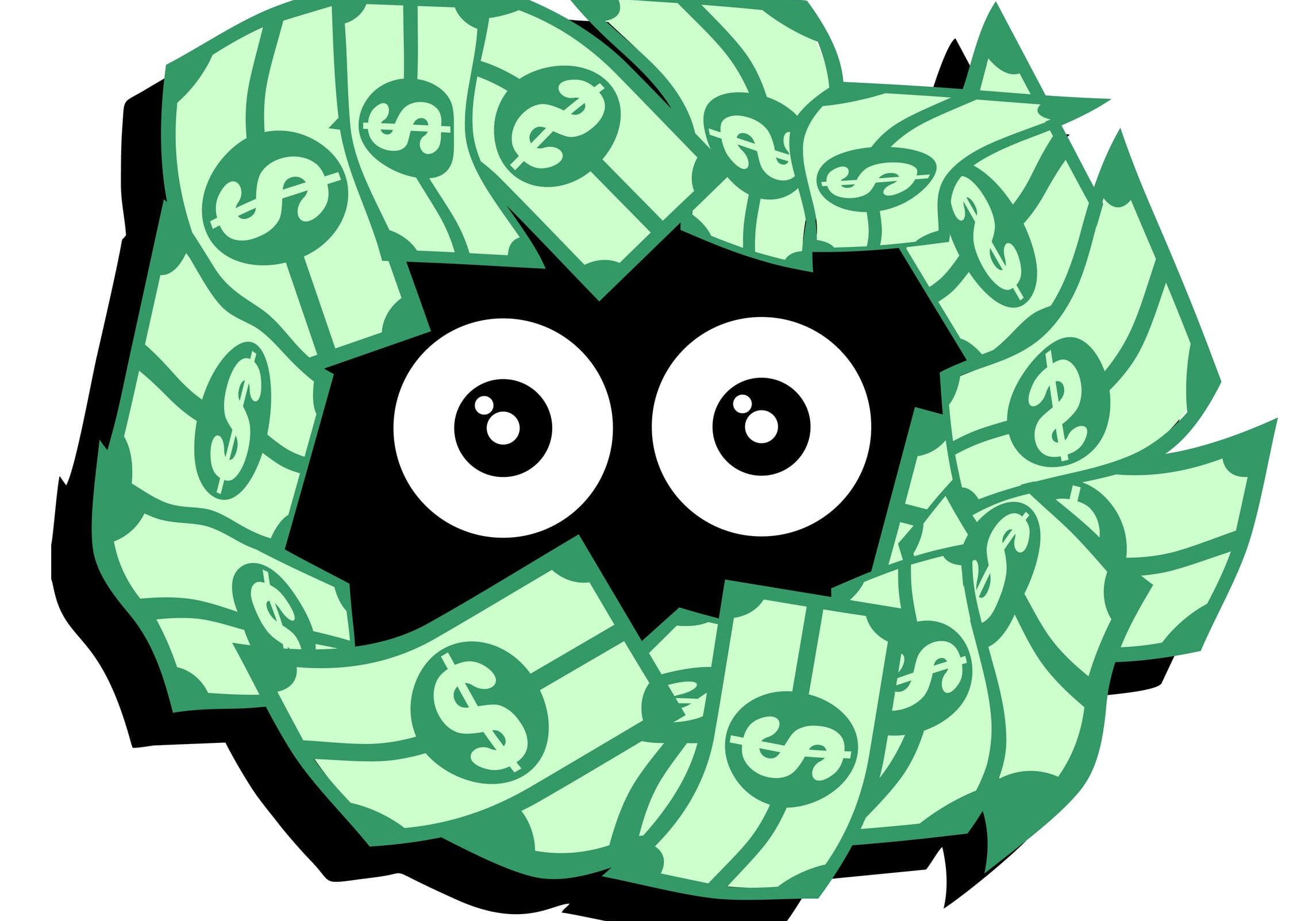 Cartoon eyes peeking from dollar-bill hair