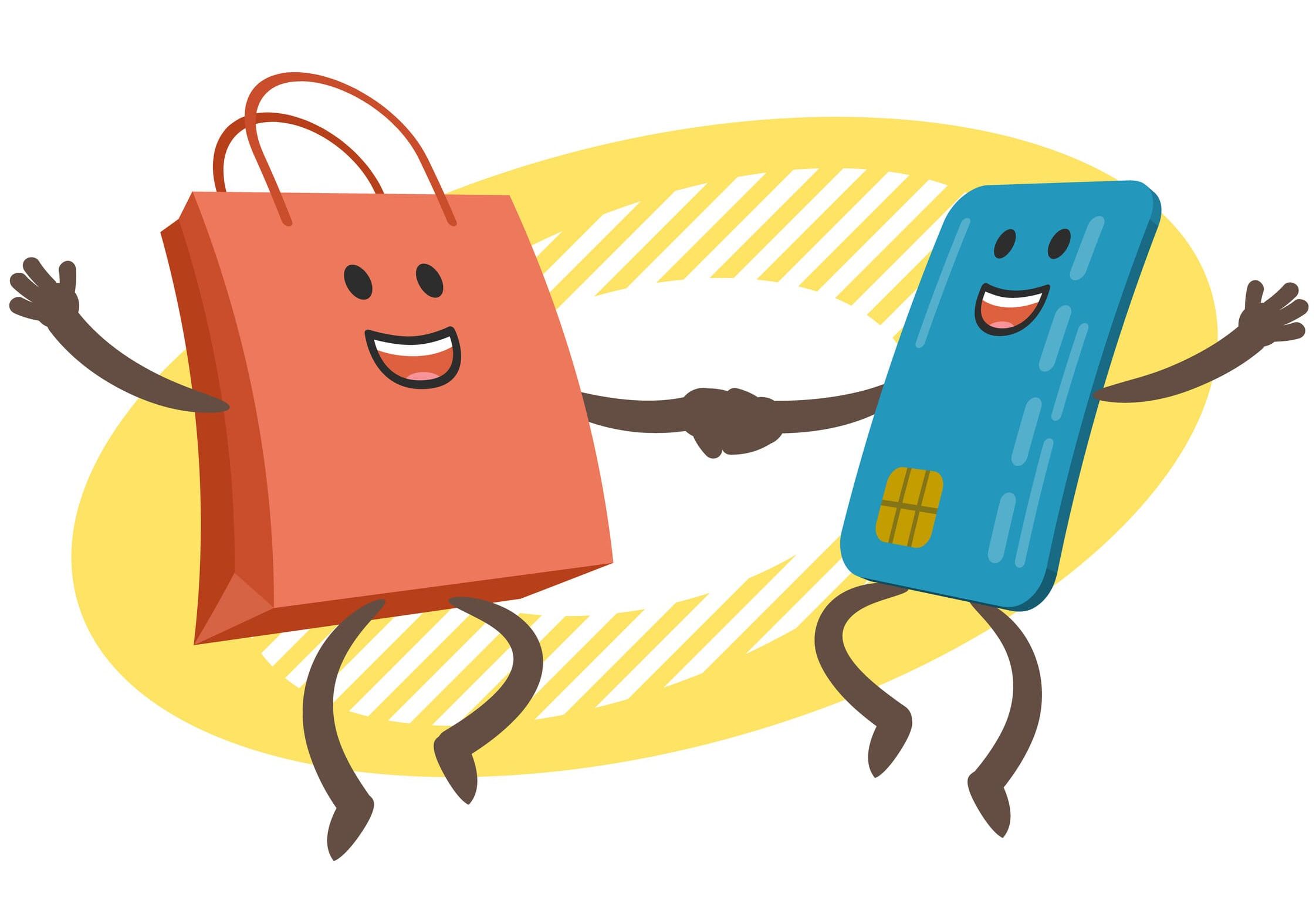 Let's go shopping! Money character and credit card character dancing. Joyful meeting. Sweet couple jumps holding hands. Vector Illustration.