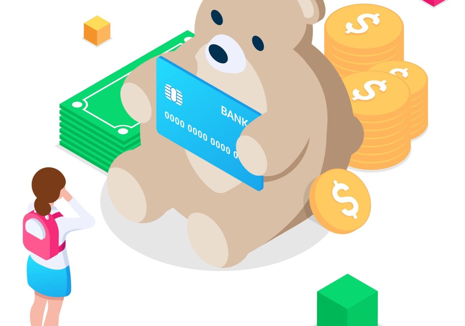 Teddy bear holding credit card with money