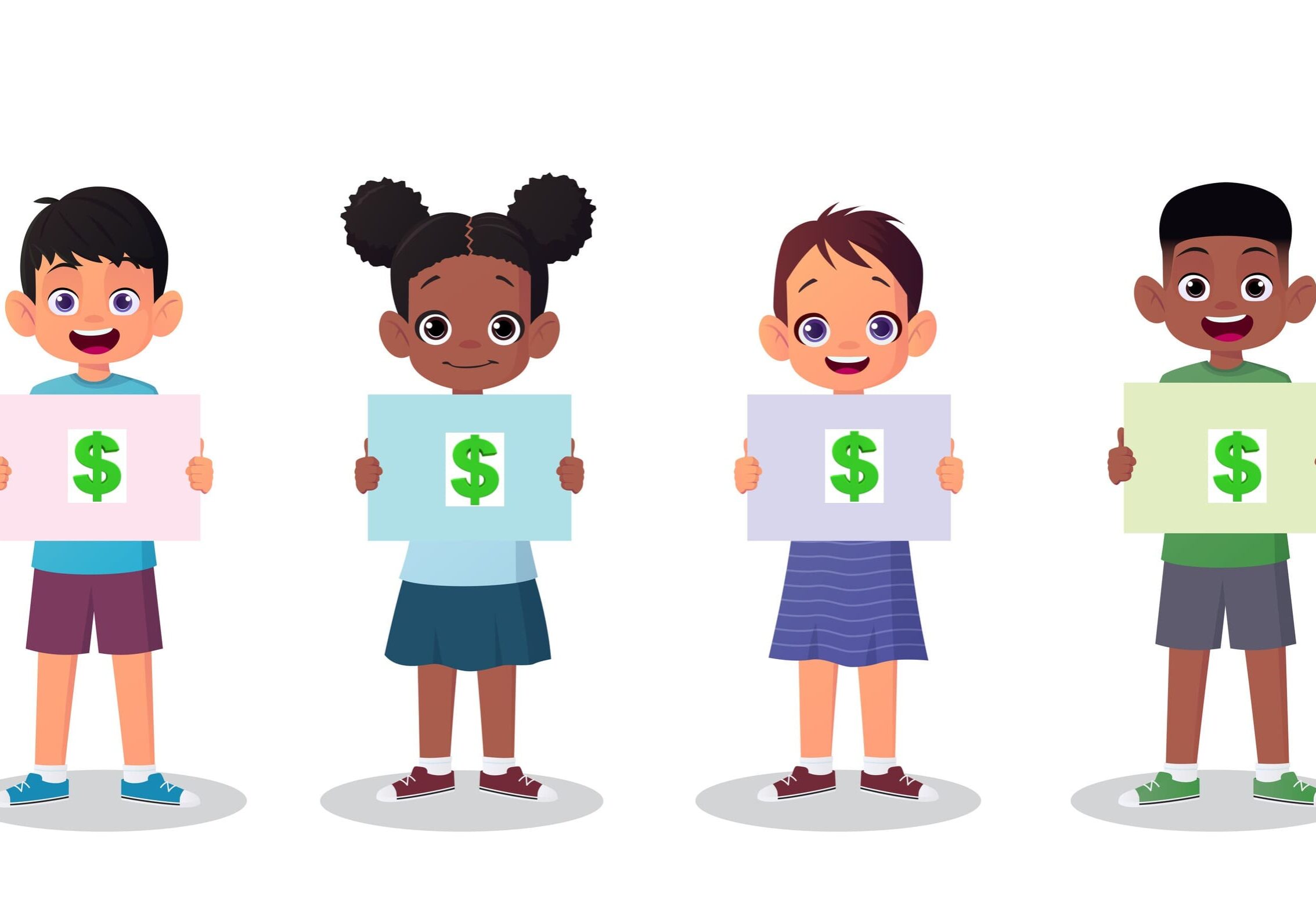 Four children holding dollar signs