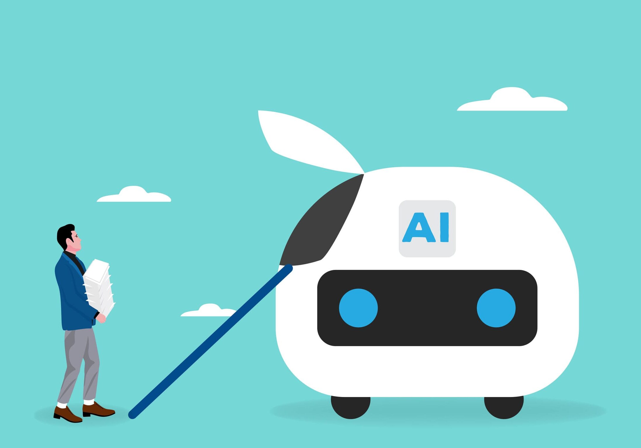 work with artificial intelligence illustration with the concept of a businessman carrying a lot of paper for an AI robot to work on work with artificial intelligence illustration with the concept of a businessman carrying a lot of paper for an AI robot to work on, artificial intelligence with the future of work