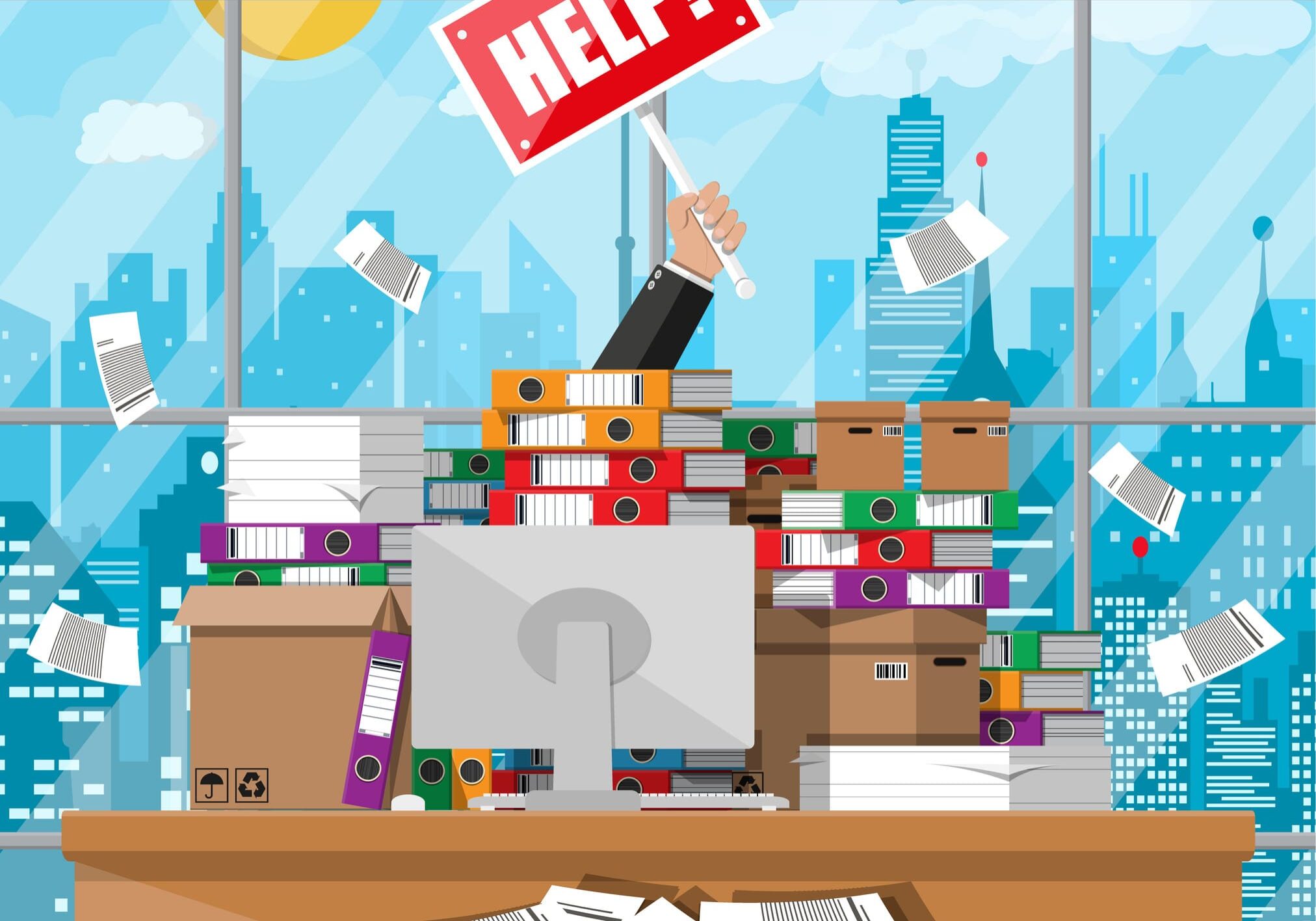 Businessman in pile of office papers Stressed businessman in pile of office papers and documents with help sign. Stress at work. Overworked. File folders. Carton boxes. Bureaucracy, paperwork. Cityscape. Vector illustration in flat style