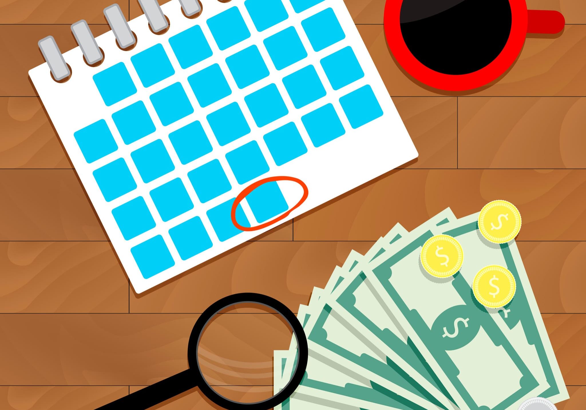 Salary money concept every month cartoon top view Salary money concept every month cartoon top view. Salary increase, vector money payroll, compensation and salary survey illustration. Overhead monthly income finance salary