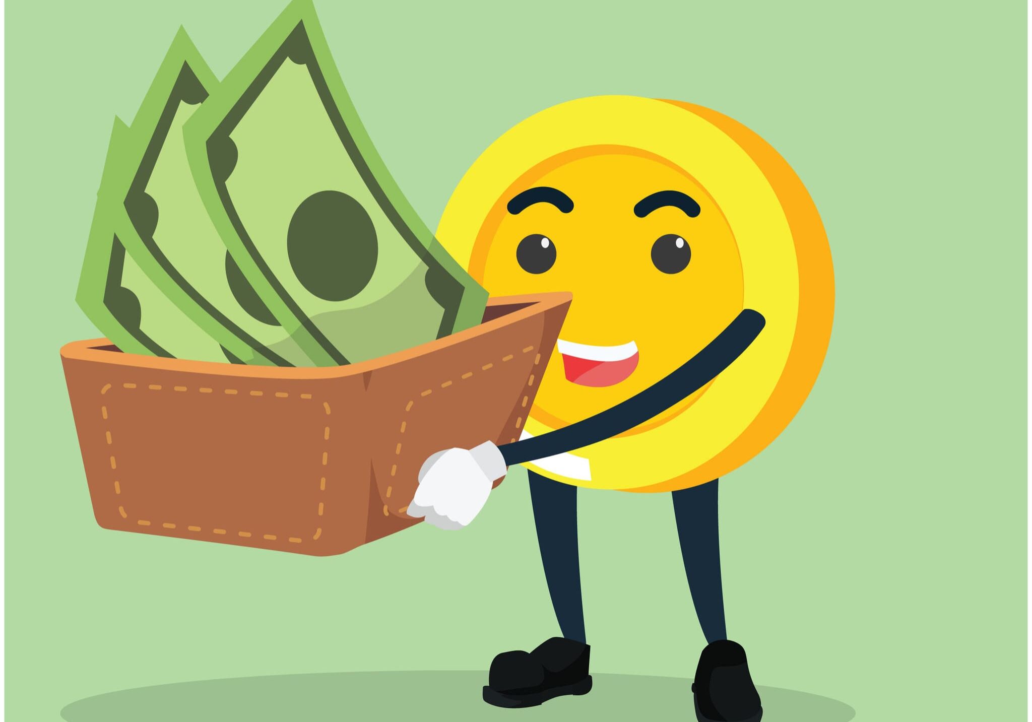 Smiling coin character holding wallet of cash