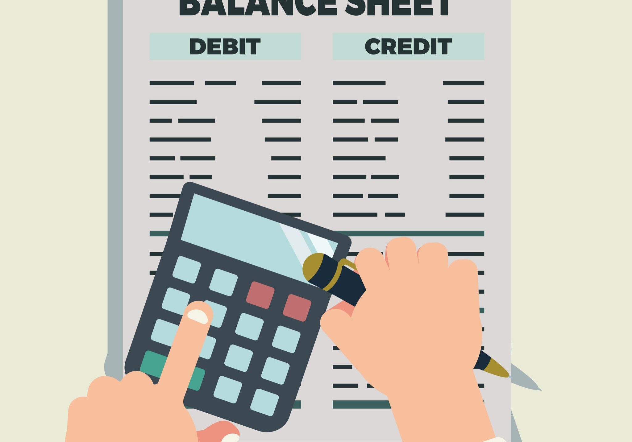 Hands using calculator over a balance sheet