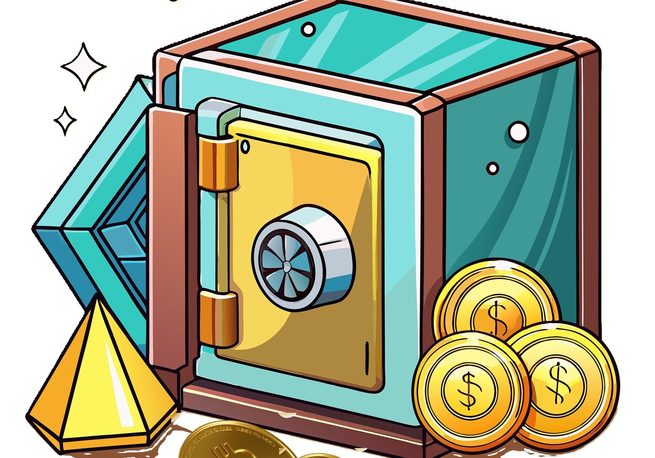 Cartoon safe with gold coins and bitcoins