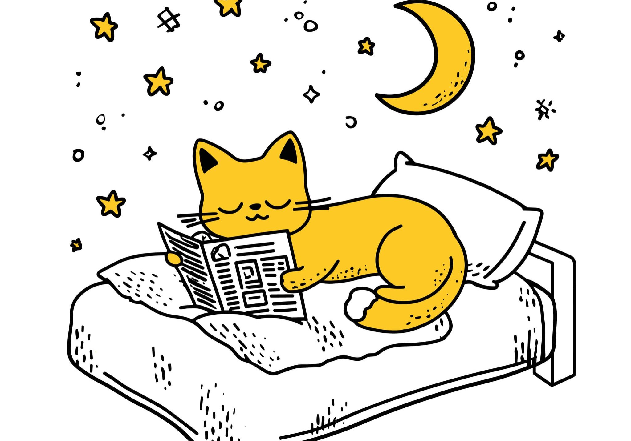 Sleeping yellow cat reading under stars