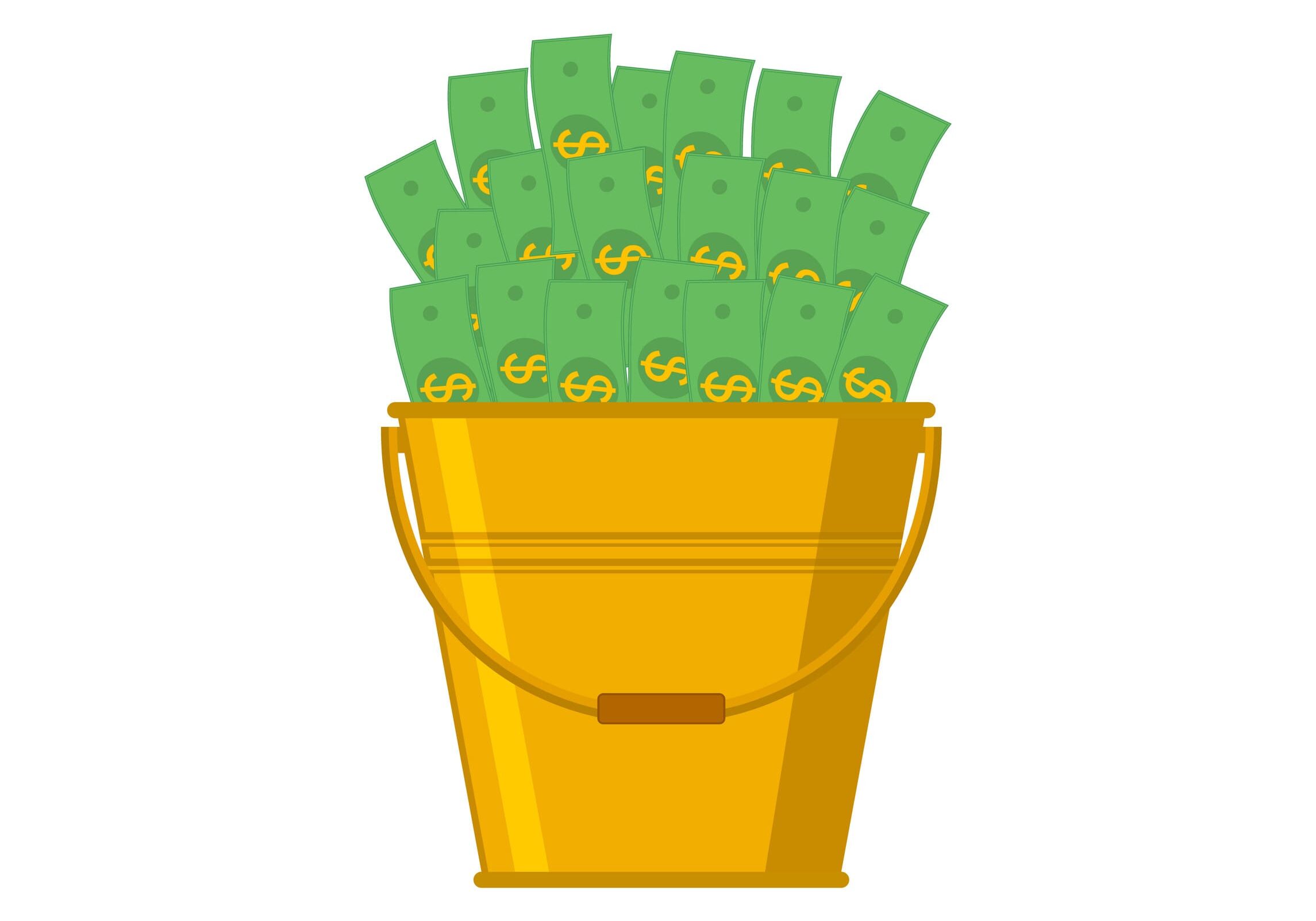 Golden bucket overflowing with cash