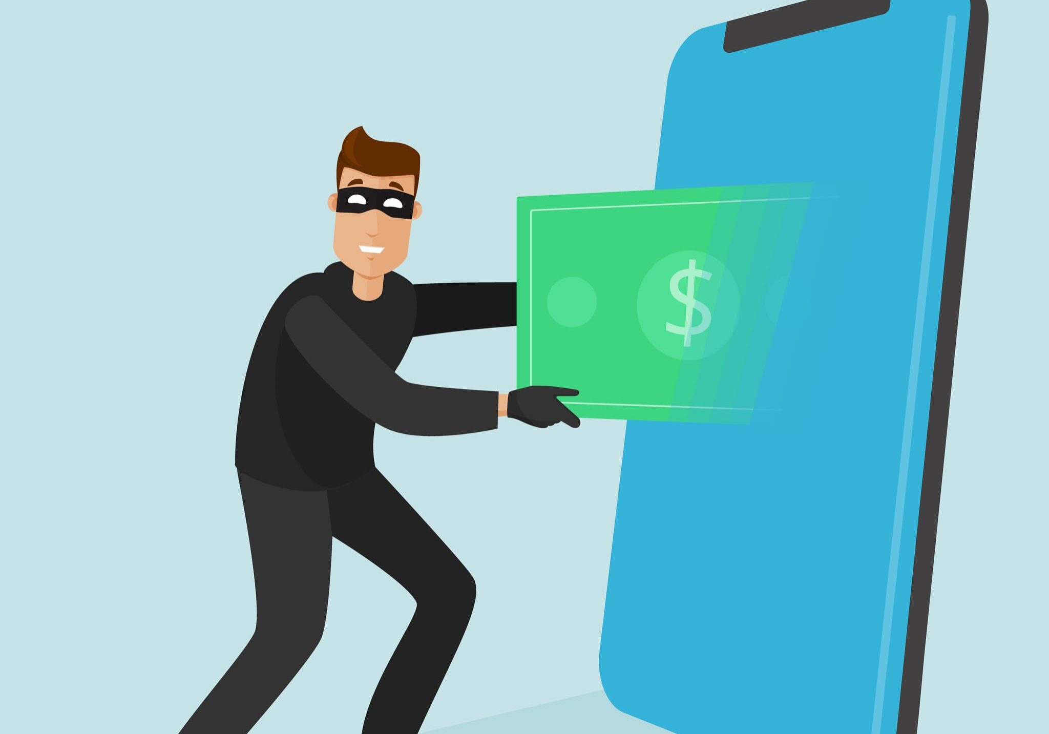 Satisfied thief pulls dollar out of phone.Mobile phone scam.Vector flat Thief steals money from phone. Money is pulled from mobile mobile phone by thief.Burglar successful.Vector flat illustration